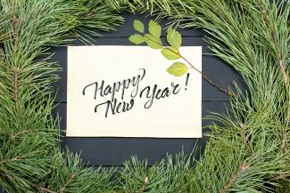 a happy new year's card on top of a pine tree by Kostiantyn Li courtesy of Unsplash.