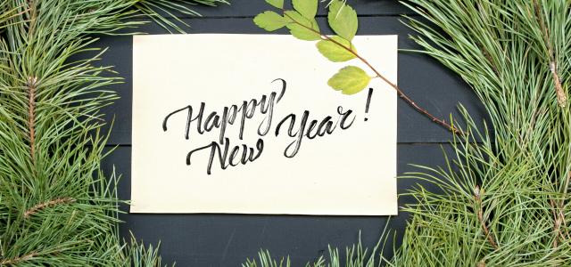 a happy new year's card on top of a pine tree by Kostiantyn Li courtesy of Unsplash.